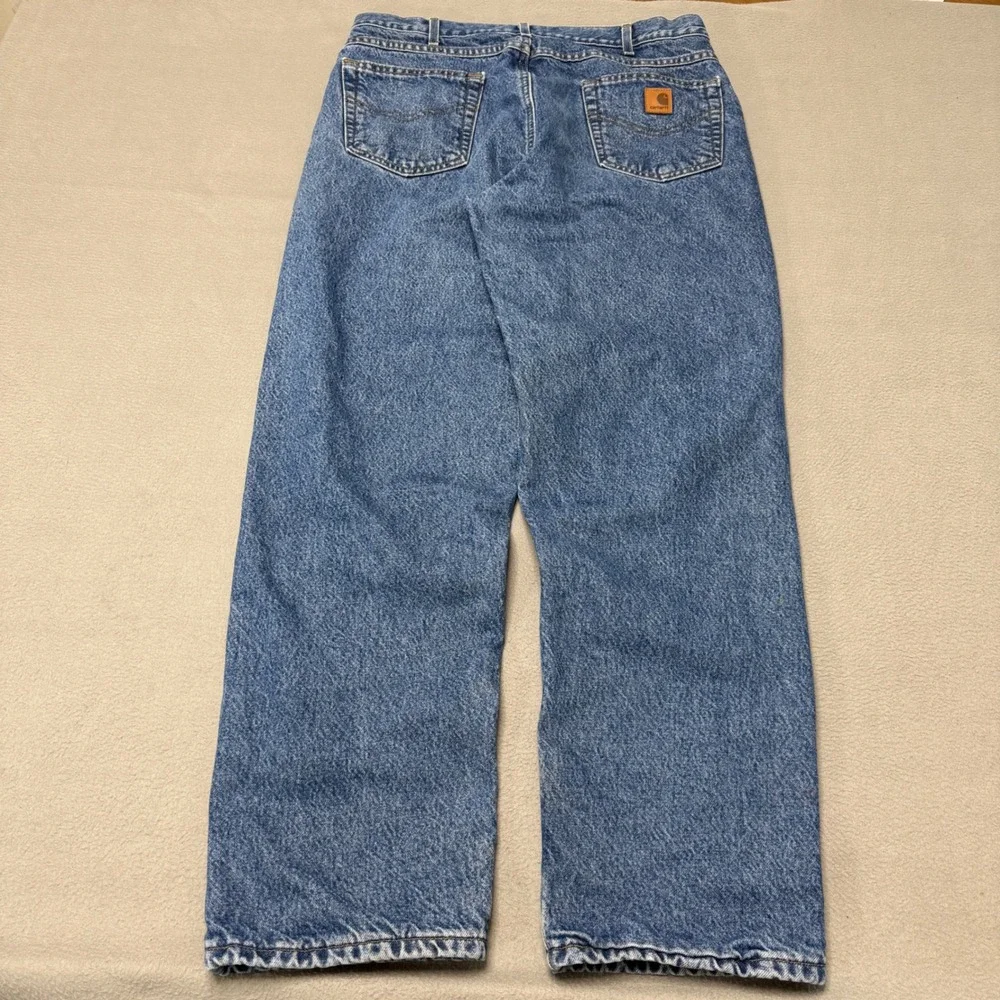 Carhartt Jeans Mens 36x32 Blue Flannel Lined Relaxed Straight Leg Denim B172 DST